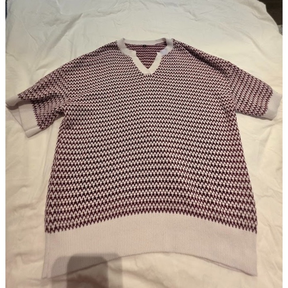 Arach&Cloz Burgundy White Geometric Knit V-Neck Short Sleeve Cotton Sweater L